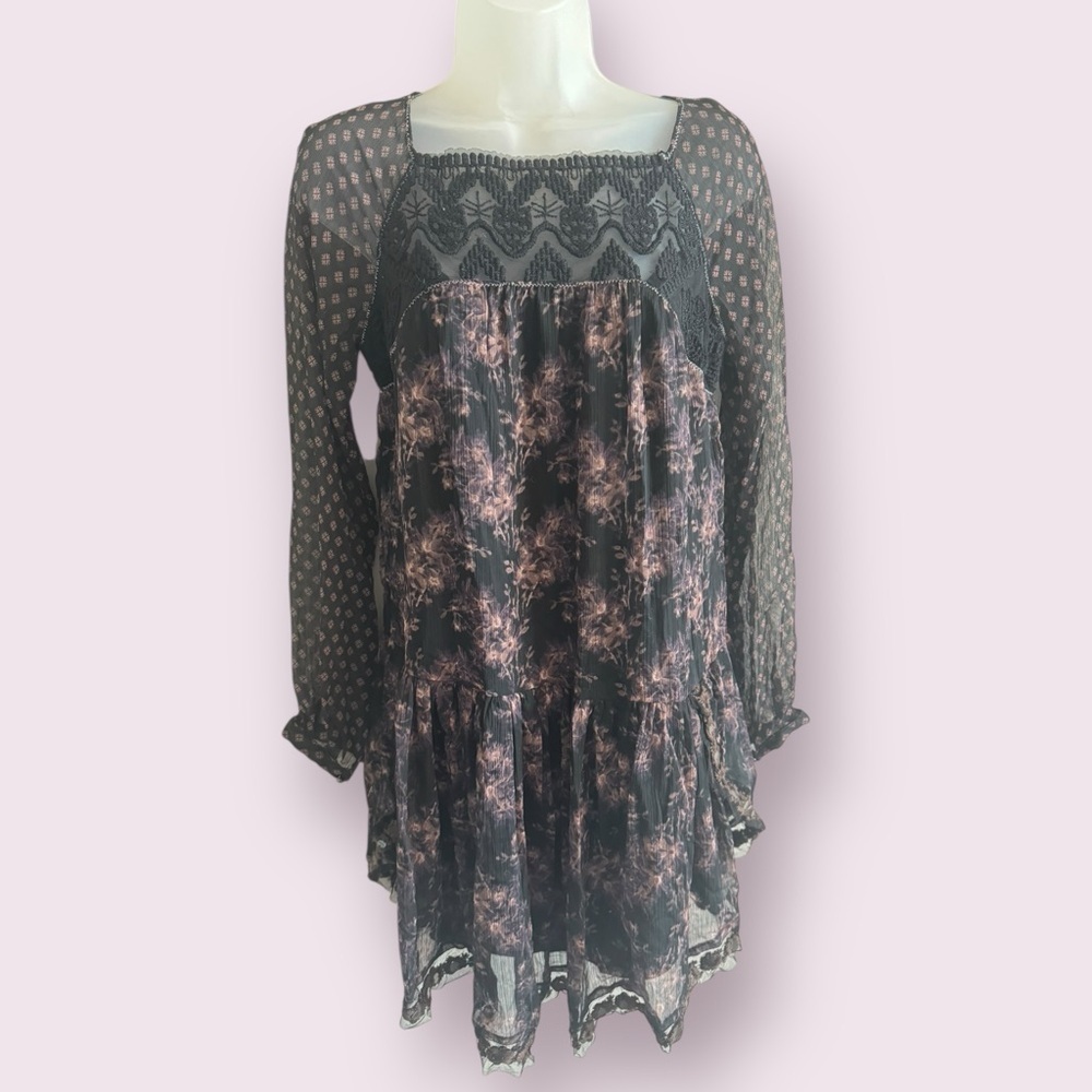 Free People Floral Lace Mini Dress Sheer Polka Dot Babydoll Cottagecore Size XS - Picture 10 of 10